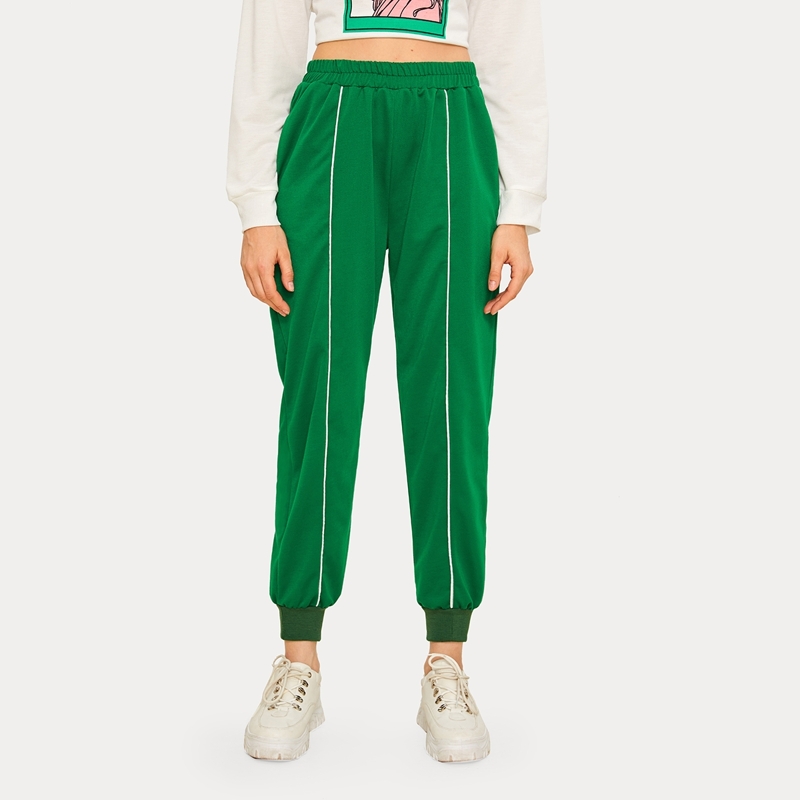 

Contrast Binding Elastic Waist Sweatpants, Green