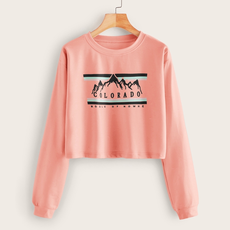 

Mountain & Letter Print Crop Sweatshirt, Pink
