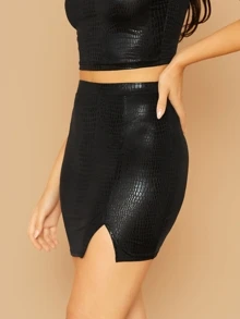 SHEIN Privé Faux Crocodile Leather Mini Skirt - Black - View 3