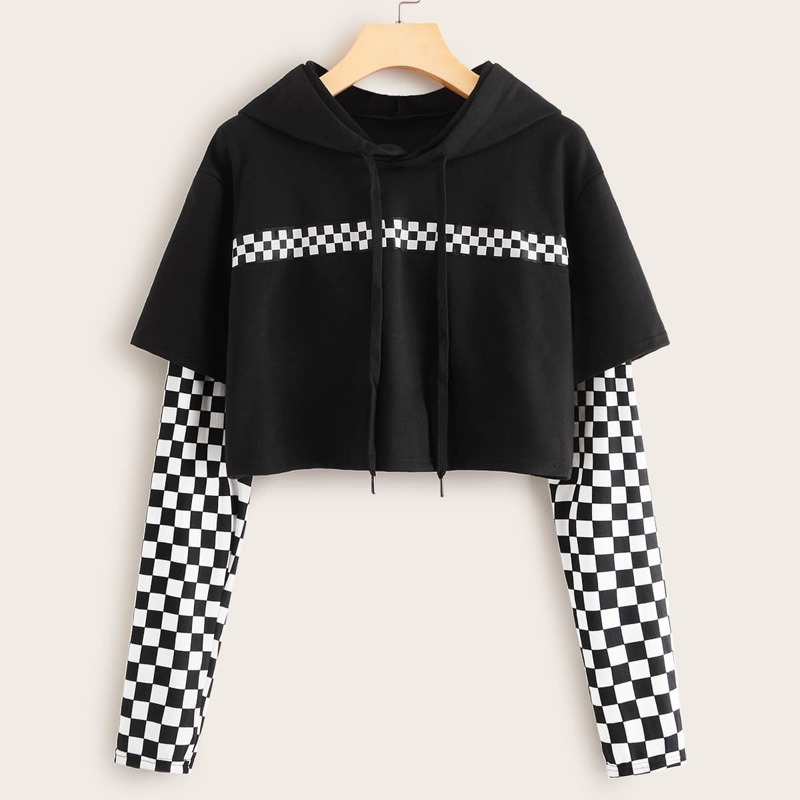 

Contrast Checkerboard Print Drawstring Hoodie, Black and white