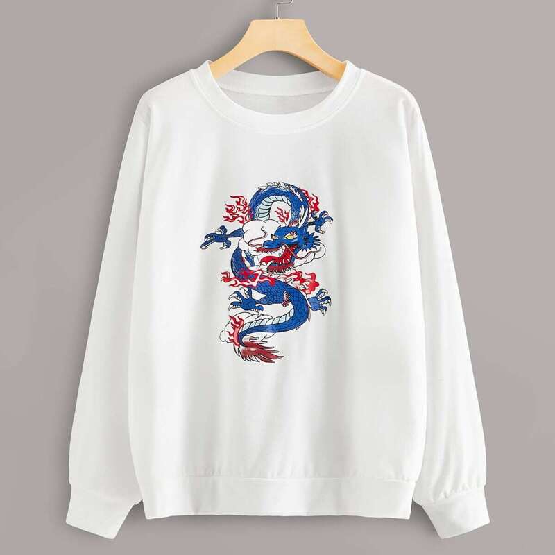 

Dragon Print Round Neck Sweatshirt, White