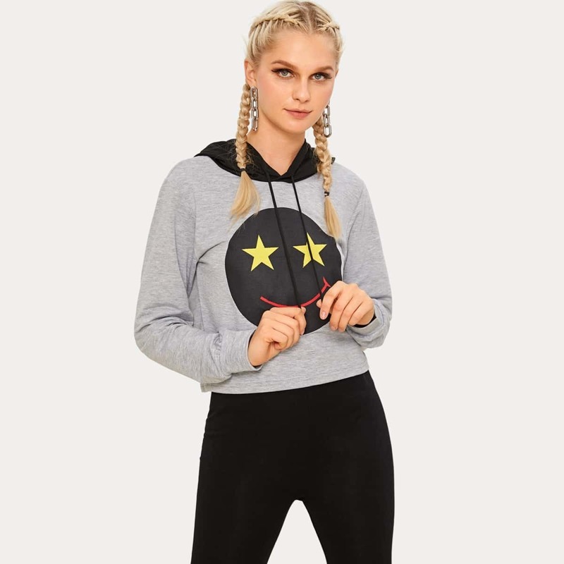 

Star Smile Drawstring Hooded Sweatshirt, Grey