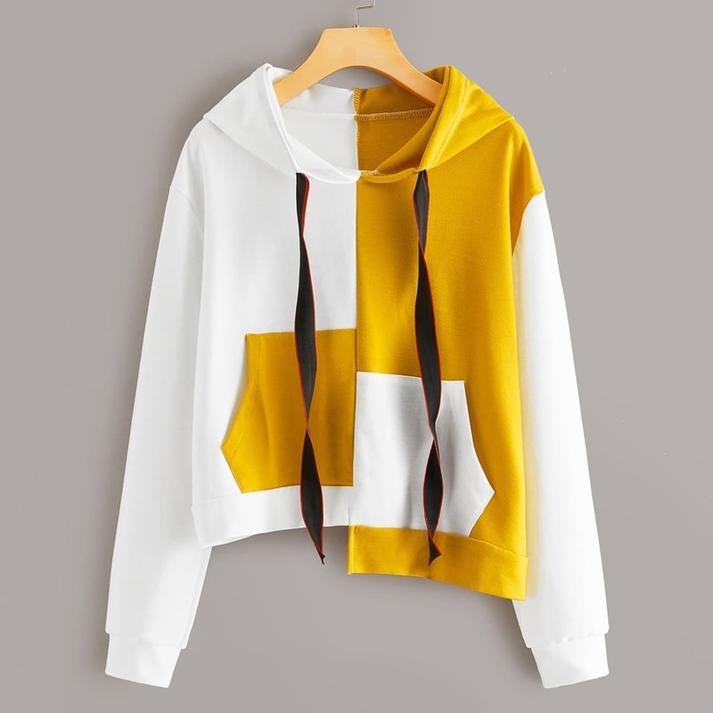 

Asymmetrical Hem & Pocket Colorblock Hoodie, Multicolor