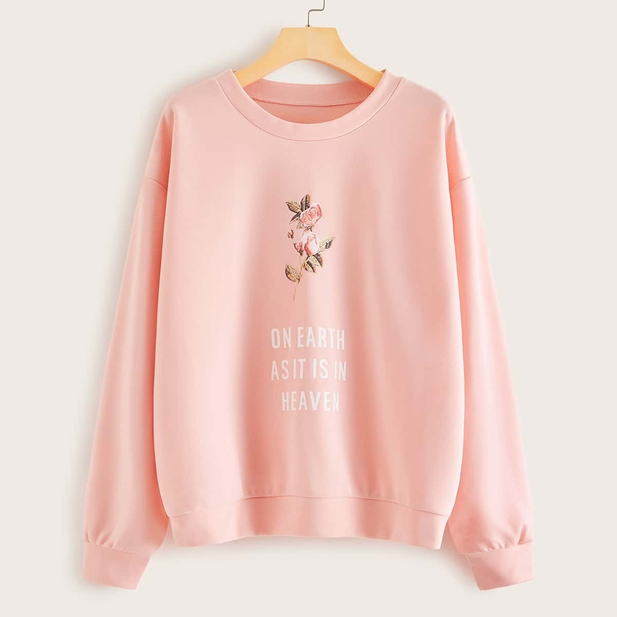 

Floral & Slogan Print Drop Shoulder Sweatshirt, Pink pastel