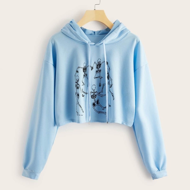 

Skull Print Drawstring Crop Hoodie, Blue
