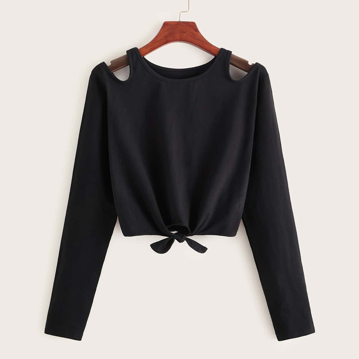 

Solid Cold Shoulder Knot Hem Tee, Black