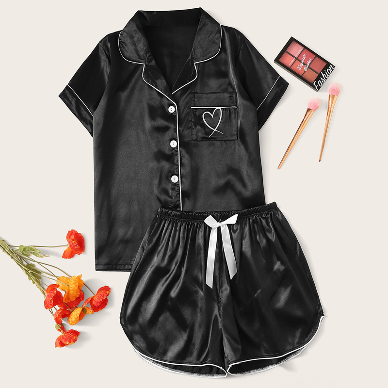 

Heart Embroidered Satin Pajama Set, Black