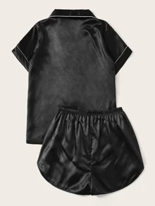 Heart Embroidered Satin Pyjama Set - Black - View 2