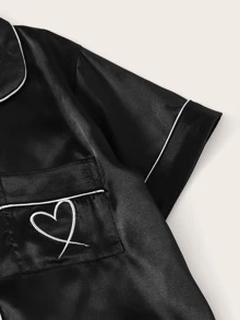 Heart Embroidered Satin Pyjama Set - Black - View 3