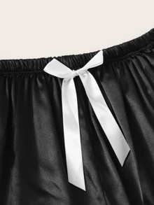 Heart Embroidered Satin Pyjama Set - Black - View 5