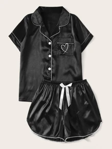 Heart Embroidered Satin Pyjama Set - Black - View 4
