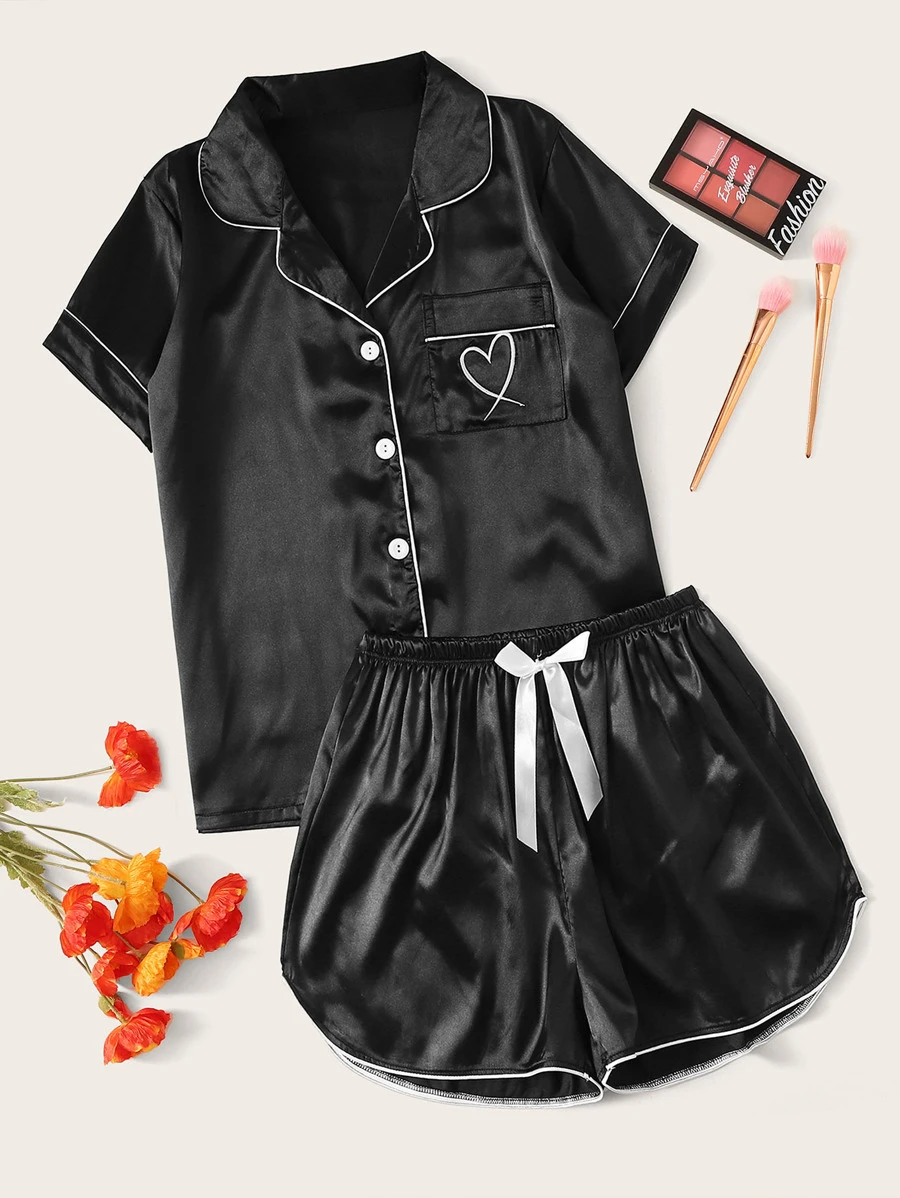 Heart Embroidered Satin Pyjama Set - Black - View 1