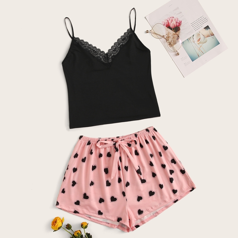 

Lace Trim Cami Top With Heart Shorts PJ Set, Multicolor