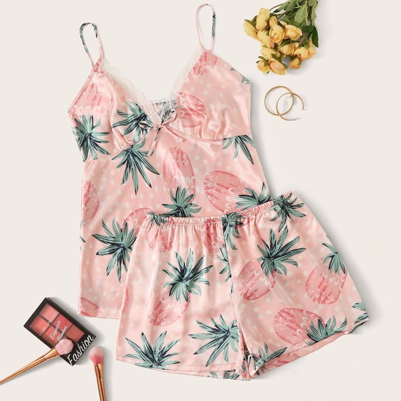 

Pineapple Print Polka Dot Satin Cami PJ Set, Pink