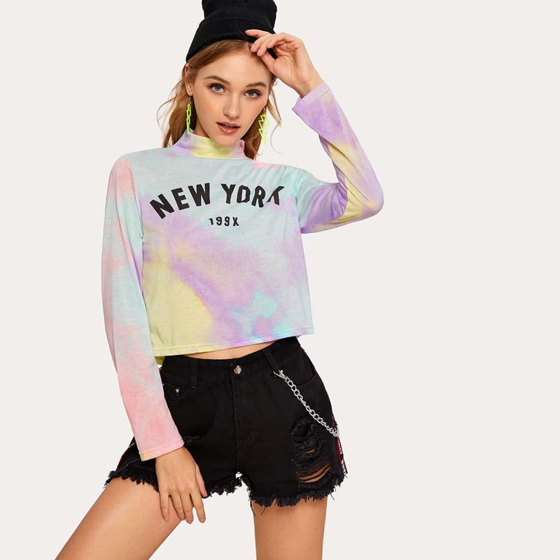 

Letter & Tie Dye Stand Collar Crop Tee, Multicolor