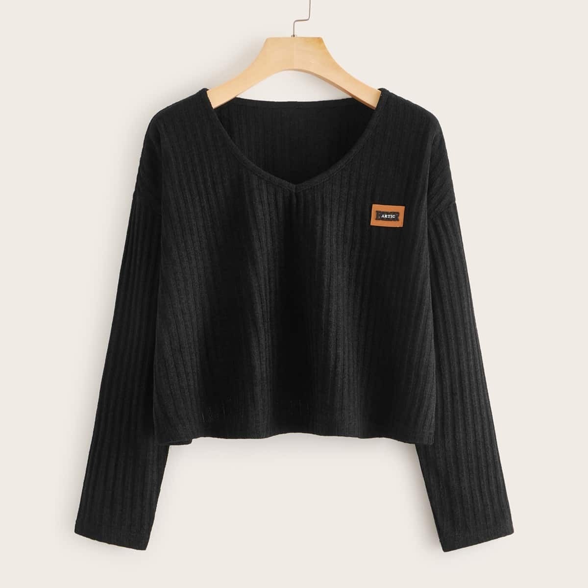 

V Neck Patched Ribbed Tee, Black