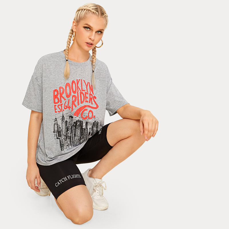 

Slogan & City Print Boyfriend Tee, Grey
