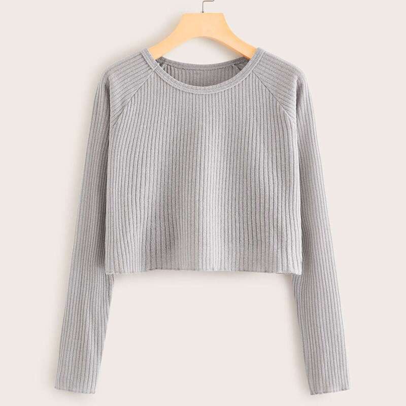 

Solid Raglan Sleeve Crop Ribbed tee, Grey