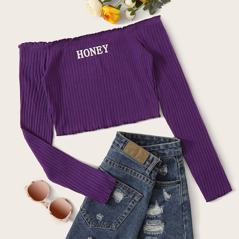 

Off Shoulder Rib Crop Top, Violet purple