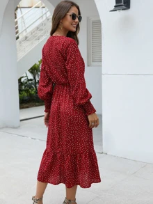 波卡圓點v領荷葉邊下擺連衣裙 - 酒紅色 - 查看 2