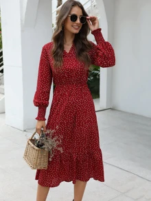 波卡圓點v領荷葉邊下擺連衣裙 - 酒紅色 - 查看 3