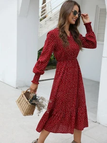 波卡圓點v領荷葉邊下擺連衣裙 - 酒紅色 - 查看 4