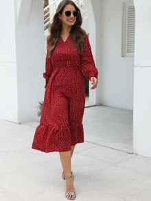 波卡圓點v領荷葉邊下擺連衣裙 - 酒紅色 - 查看 6