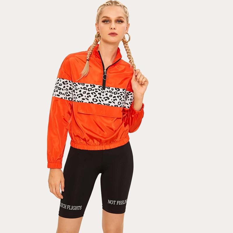

Contrast Leopard Half Zip Anorak Jacket, Orange bright