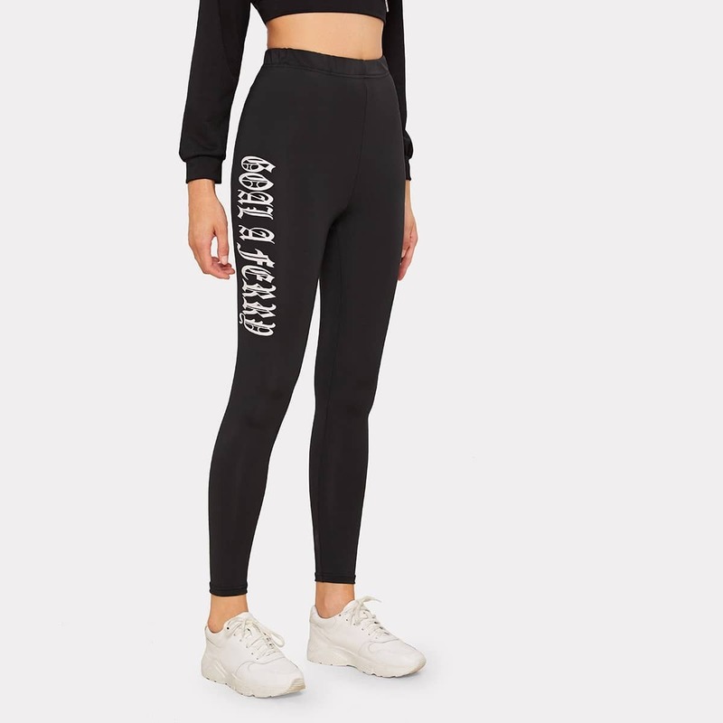 

Letter Print Elastic Waist Leggings, Black