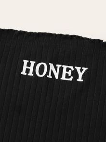 Muchica Off Shoulder Honey Graphic Rib-knit Top - Black - View 3