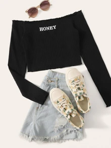 Muchica Off Shoulder Honey Graphic Rib-knit Top - Black - View 1