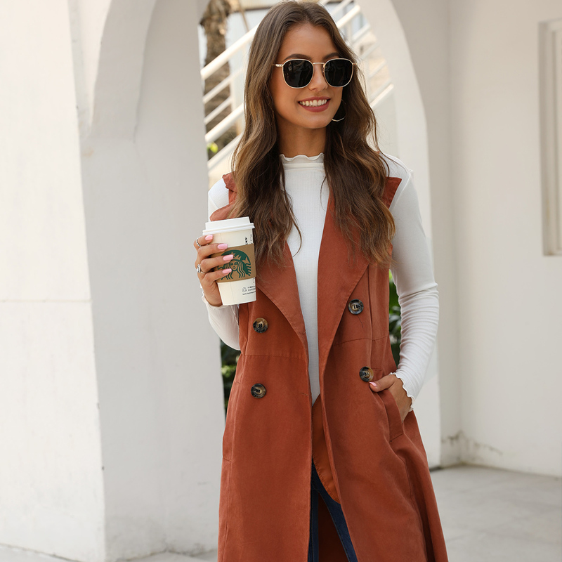 

Solid Double-breasted Waterfall Collar Trench Vest, Rust brown