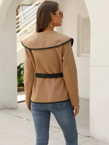 拼接滾邊垂墜衣領腰帶開襟外套 - 卡其色 - 查看 2