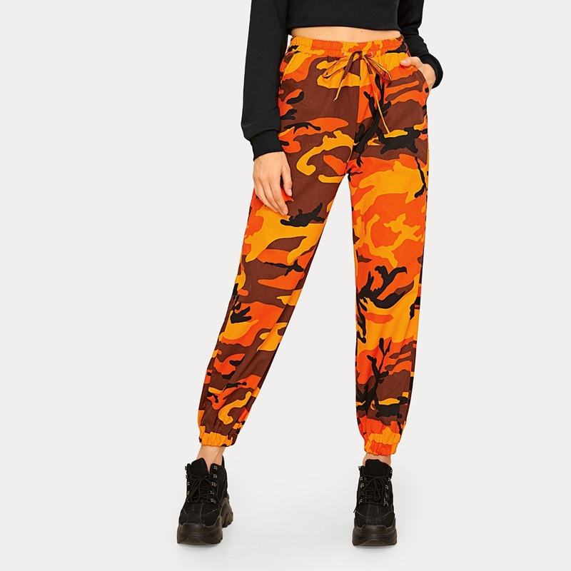 

Camo Print Drawstring Waist Cargo Pants, Multicolor