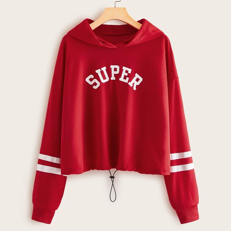 

Letter & Varsity Striped Drawstring Hem Hoodie, Red