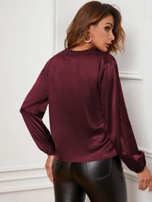 SHEIN Clasi v領燈籠袖緞面襯衫 - 酒紅色 - 查看 2