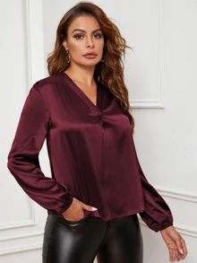 SHEIN Clasi v領燈籠袖緞面襯衫 - 酒紅色 - 查看 3