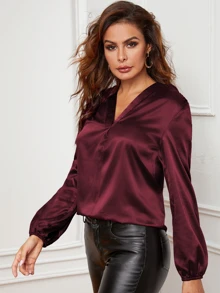 SHEIN Clasi v領燈籠袖緞面襯衫 - 酒紅色 - 查看 5