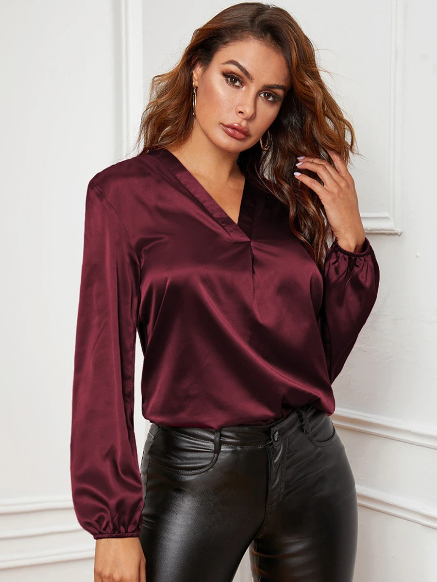 SHEIN Clasi v領燈籠袖緞面襯衫 - 酒紅色 - 查看 1