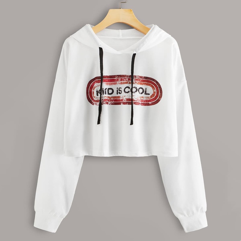 

Slogan Print Drawstring Crop Hoodie, White