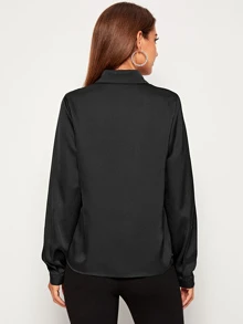 SHEIN Clasi Solid Button Through Satin Shirt Fall Cloth For Women - Black - View 2