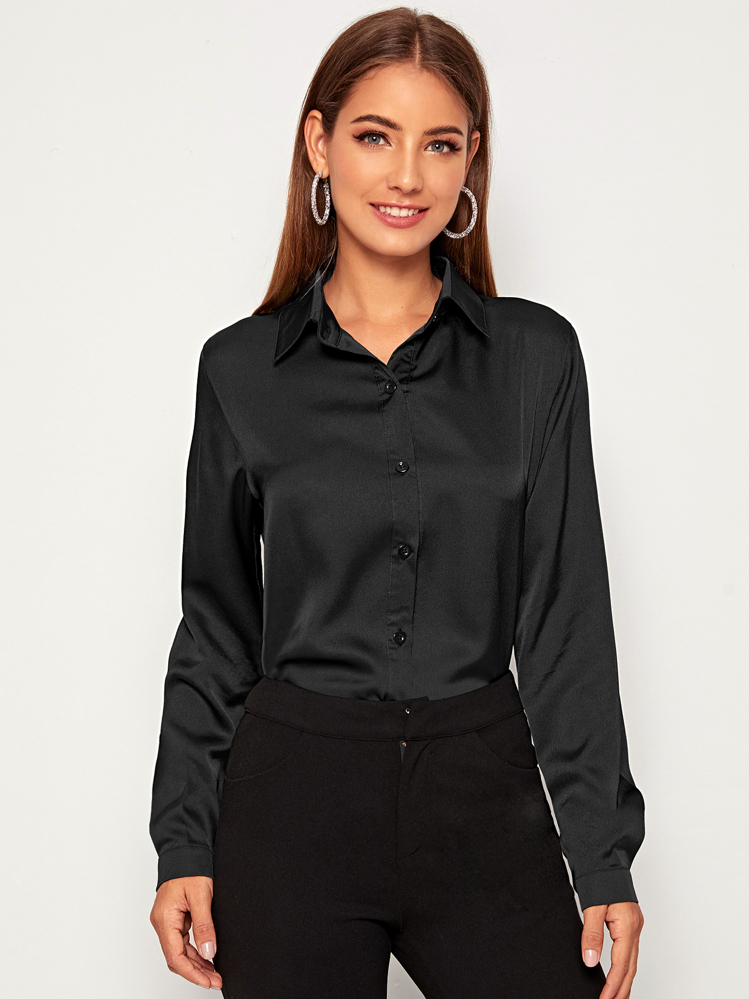 SHEIN Clasi Solid Button Through Satin Shirt Fall Cloth For Women - Black - View 4