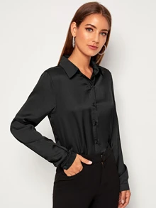 SHEIN Clasi Solid Button Through Satin Shirt Fall Cloth For Women - Black - View 5
