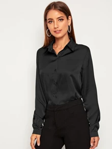 SHEIN Clasi Solid Button Through Satin Shirt Fall Cloth For Women - Black - View 1