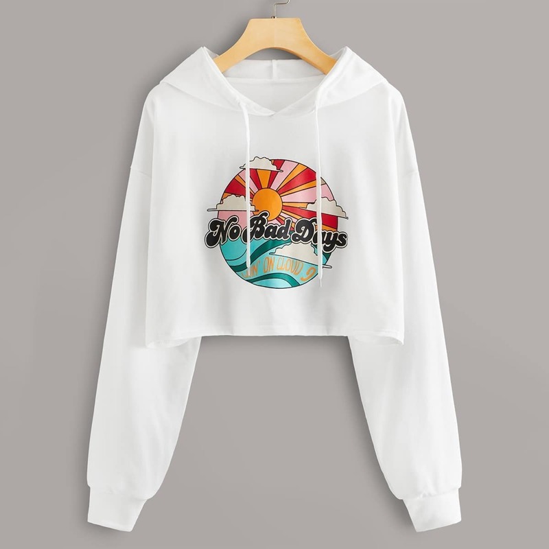 

Cartoon & Letter Graphic Drawstring Crop Hoodie, White