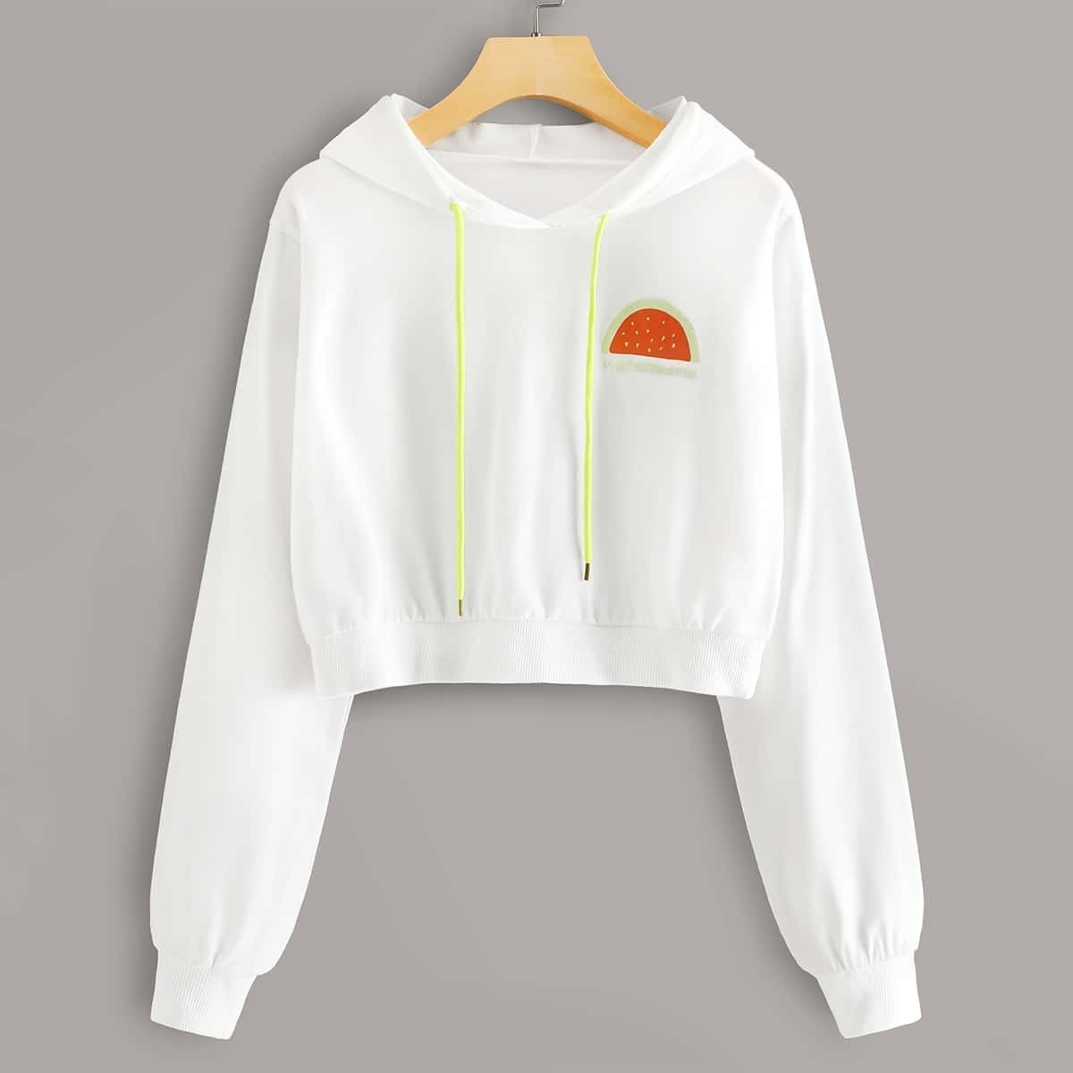 

Fruit Print Drawstring Crop Hoodie, White