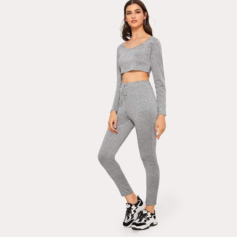 

Space Dye Crop Tee & Drawstring Leggings, Grey