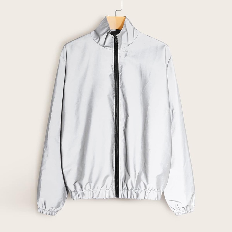 

Zip Up Reflective Windbreaker Jacket, Grey