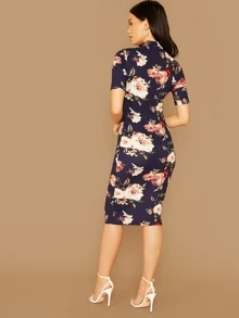 SHEIN Clasi Mock Neck Floral Print Pencil Dress - Navy Blue - View 2