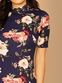 SHEIN Clasi Mock Neck Floral Print Pencil Dress - Navy Blue - View 4